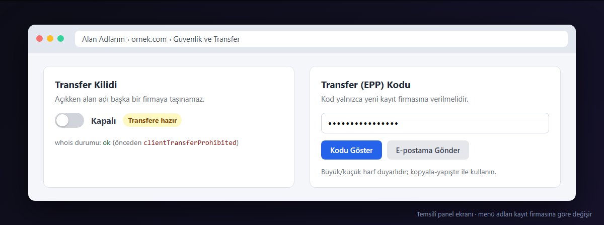 Eski kayıt firması panelinde transfer kilidi ve transfer kodu (temsilî)