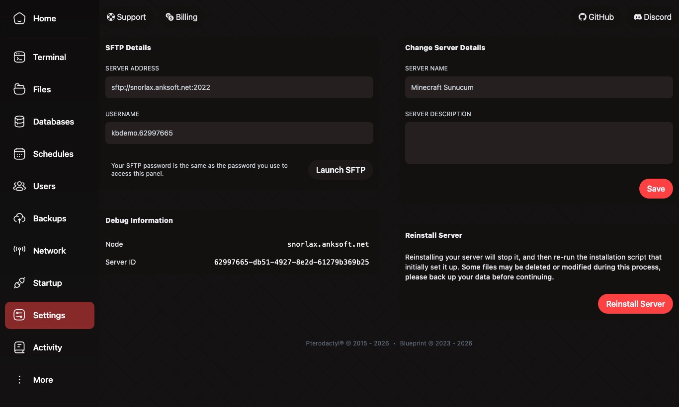 Settings sekmesindeki Reinstall Server butonu