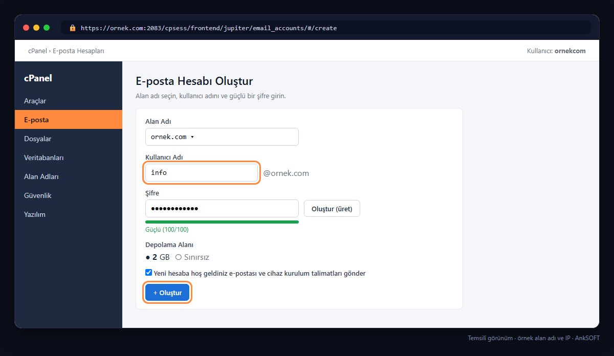 cPanel e-posta hesabı oluşturma formu