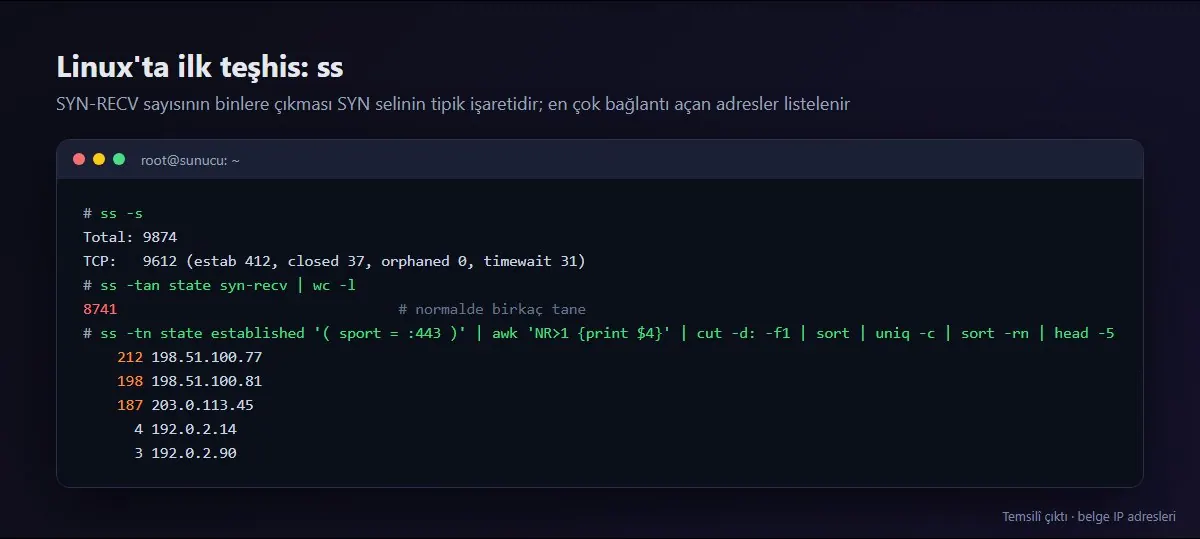 Temsilî Linux terminal çıktısı: ss -s ile bağlantı özeti, binlerle ölçülen SYN-RECV sayısı ve en çok bağlantı açan IP listesi