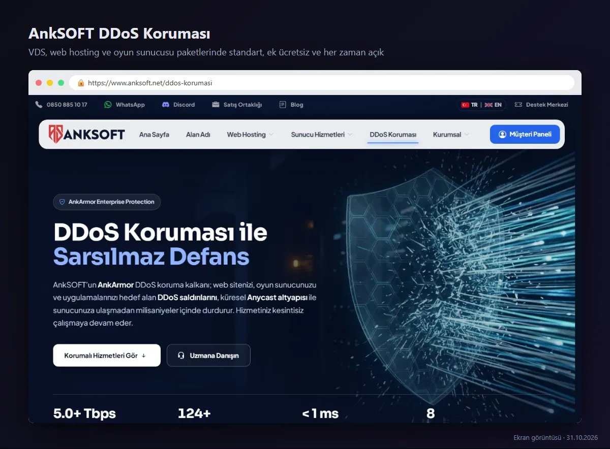AnkSOFT DDoS Koruması sayfası: AnkArmor koruma kalkanı ve korumalı hizmetler (ekran görüntüsü)
