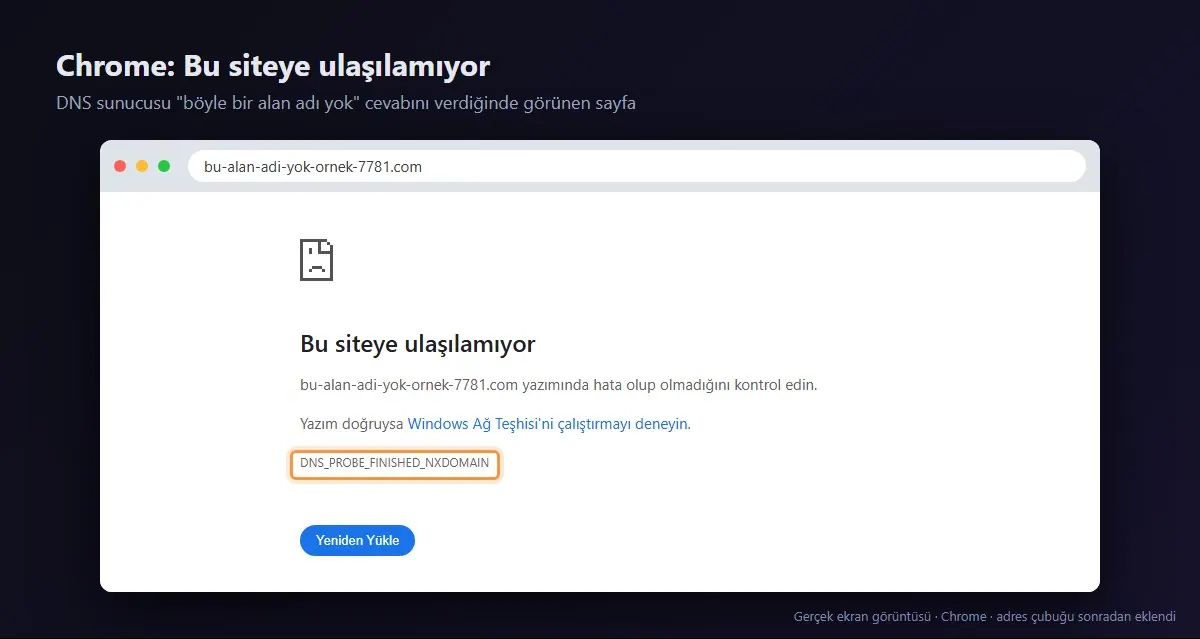 Chrome'da Bu siteye ulaşılamıyor sayfası ve DNS_PROBE_FINISHED_NXDOMAIN kodu