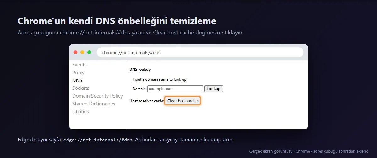 chrome://net-internals/#dns sayfası ve Clear host cache düğmesi