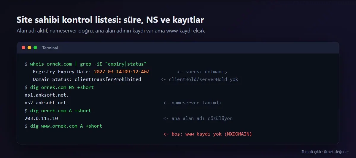 Site sahibi için kontrol: whois durumu, NS kaydı ve A kaydının dig ile sorgulanması