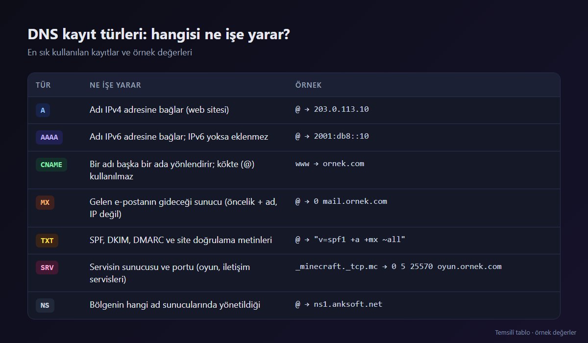 A, AAAA, CNAME, MX, TXT, SRV ve NS kayıtlarının özet tablosu