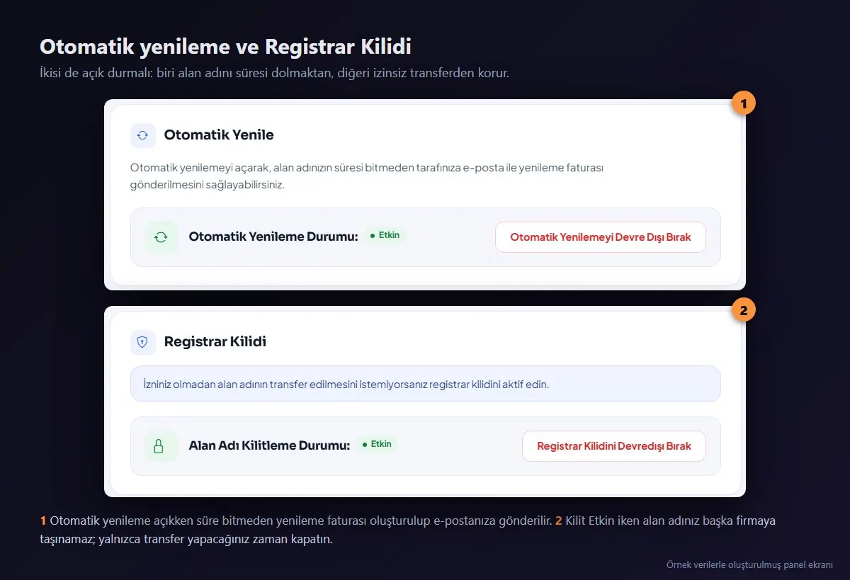 Otomatik Yenile ve Registrar Kilidi ekranları: ikisi de Etkin durumda