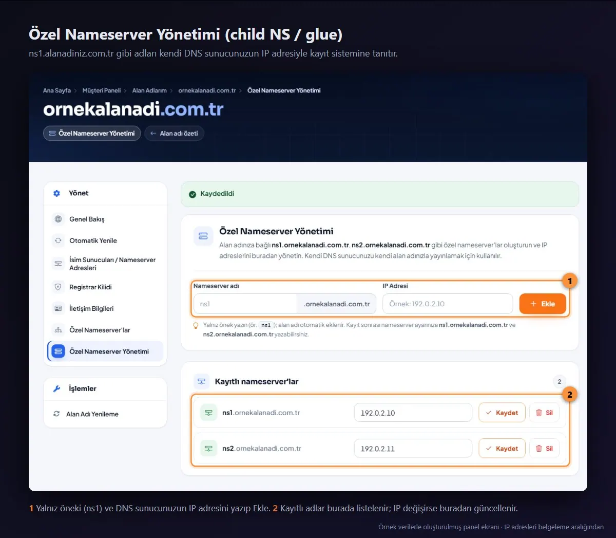 Özel Nameserver Yönetimi ekranı: ns1 ve ns2 için IP tanımı ve kayıtlı nameserver listesi