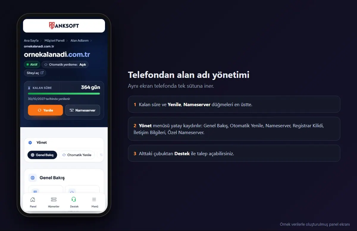 Telefonda alan adı yönetim ekranı: kalan süre, Yenile ve Nameserver düğmeleri, yatay kayan Yönet menüsü