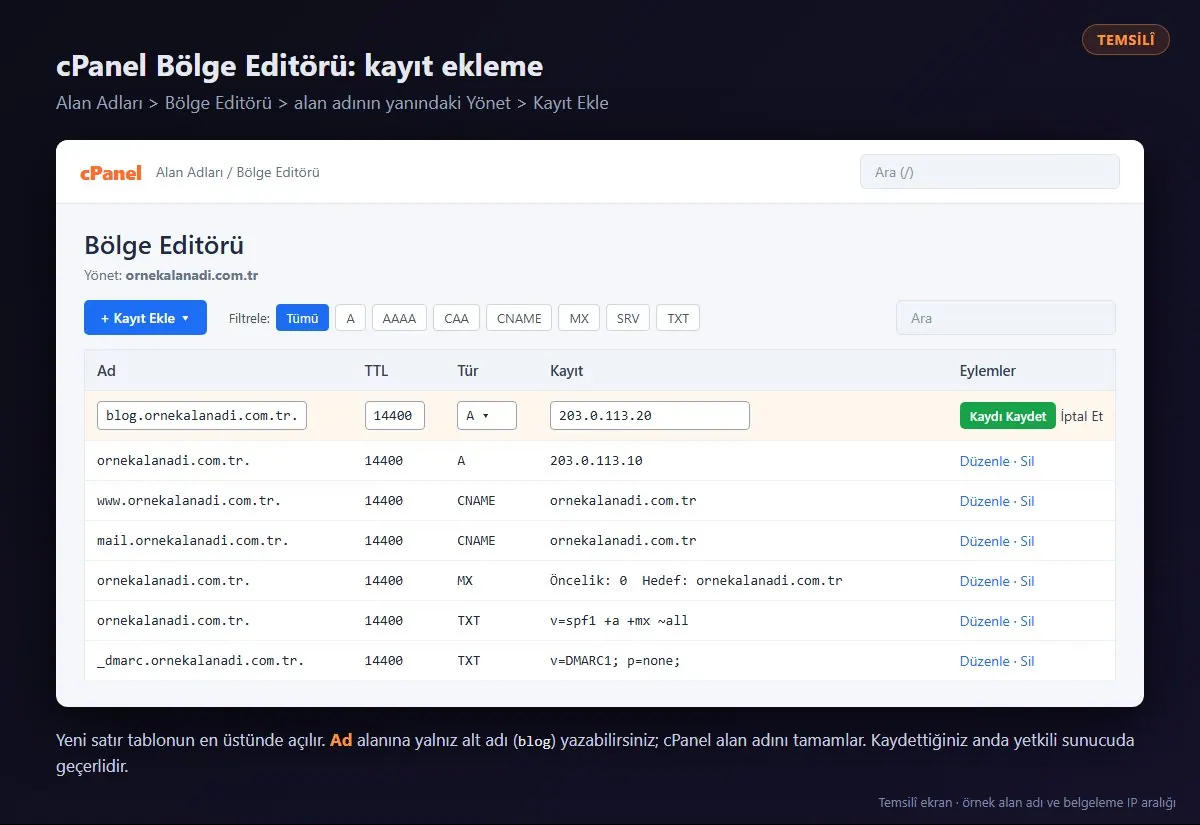cPanel Bölge Editörü (temsilî): kayıt listesi ve en üstte açılan yeni A kaydı satırı