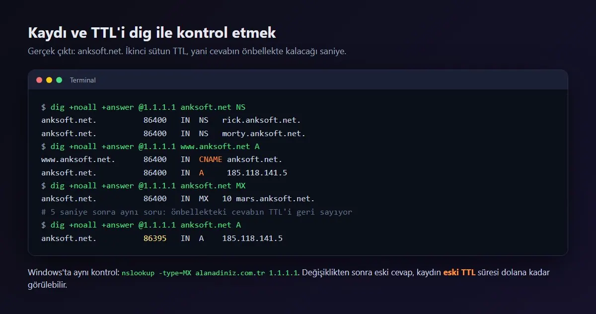 dig çıktısında NS, CNAME, A ve MX kayıtları ile önbellekte geri sayan TTL değeri