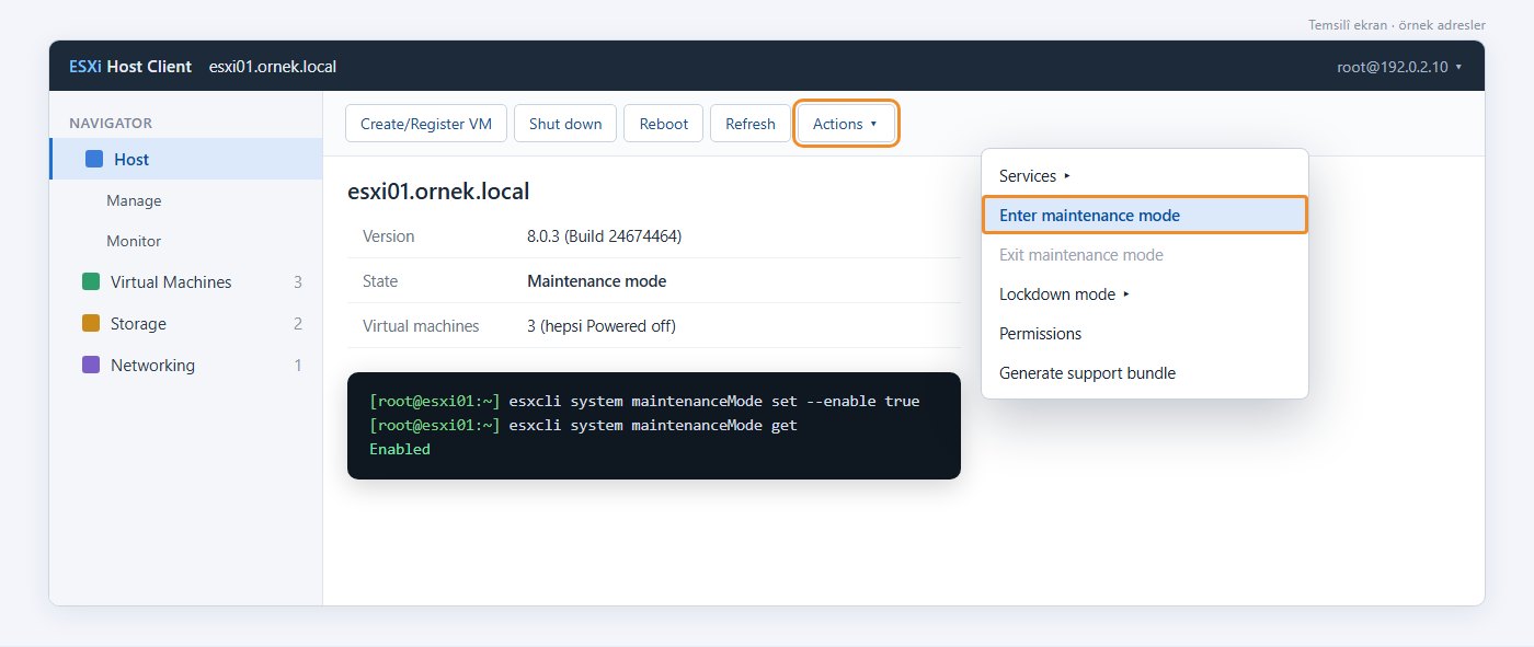 ESXi Host Client'ta Actions menüsünden Enter maintenance mode ve esxcli maintenanceMode set --enable true komutu