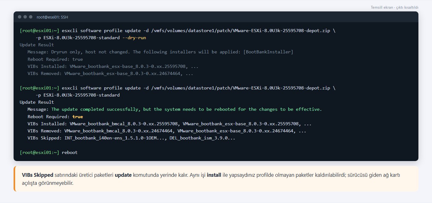 esxcli software profile update dry-run ve gerçek güncelleme çıktısı: VIBs Installed, Removed, Skipped ve Reboot Required true