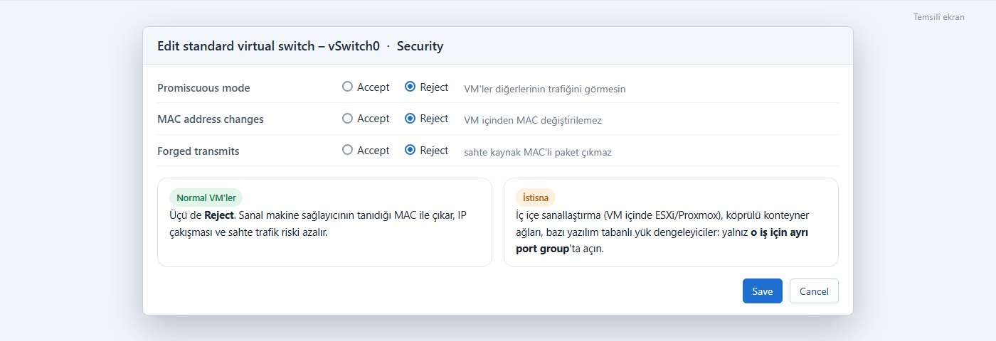 ESXi vSwitch güvenlik politikası: Promiscuous mode, MAC address changes ve Forged transmits Reject
