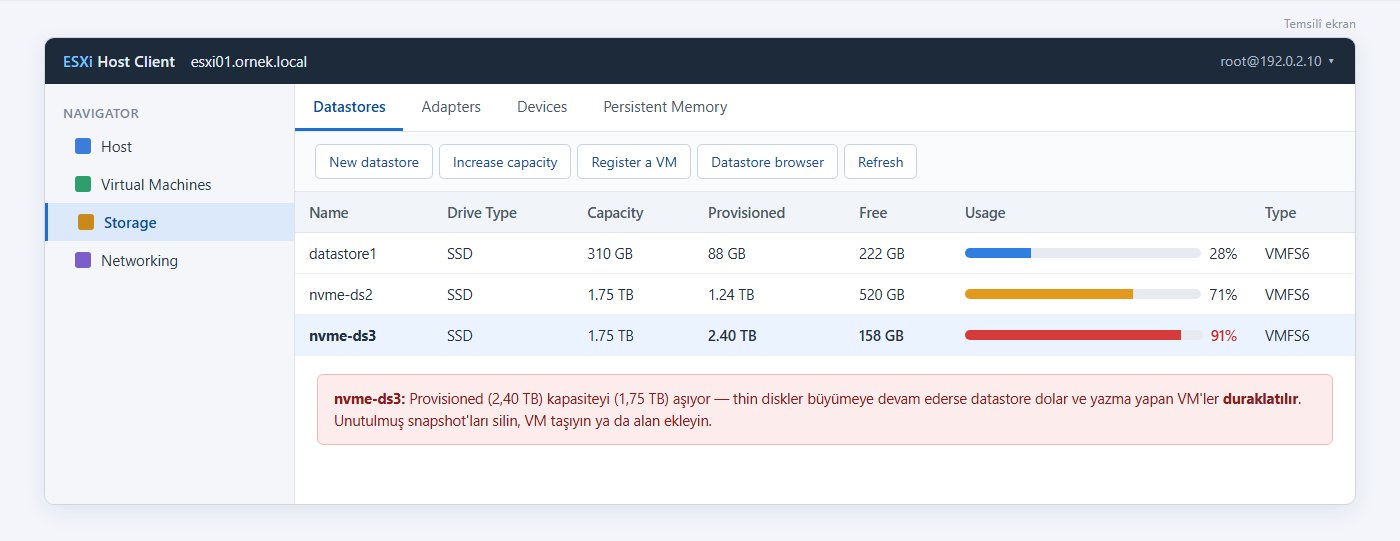 ESXi Host Client Datastores sayfası: nvme-ds3 doluluk %91, provisioned kapasiteyi aşıyor