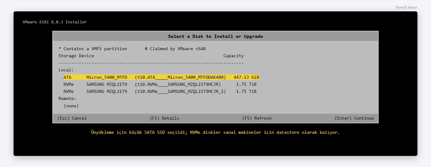 ESXi 8 kurulum sihirbazında önyükleme diski seçimi: küçük SATA SSD seçili, NVMe diskler datastore için bırakılmış