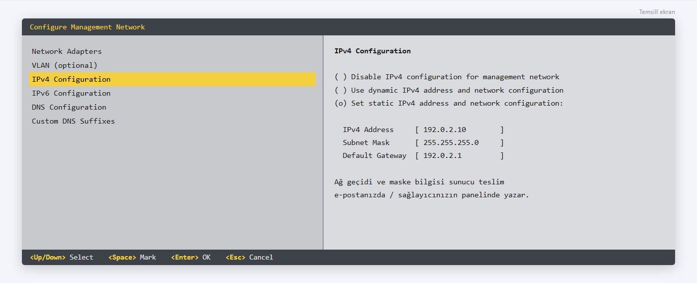 ESXi DCUI Configure Management Network ekranında sabit IPv4 adresi, alt ağ maskesi ve ağ geçidi ayarı