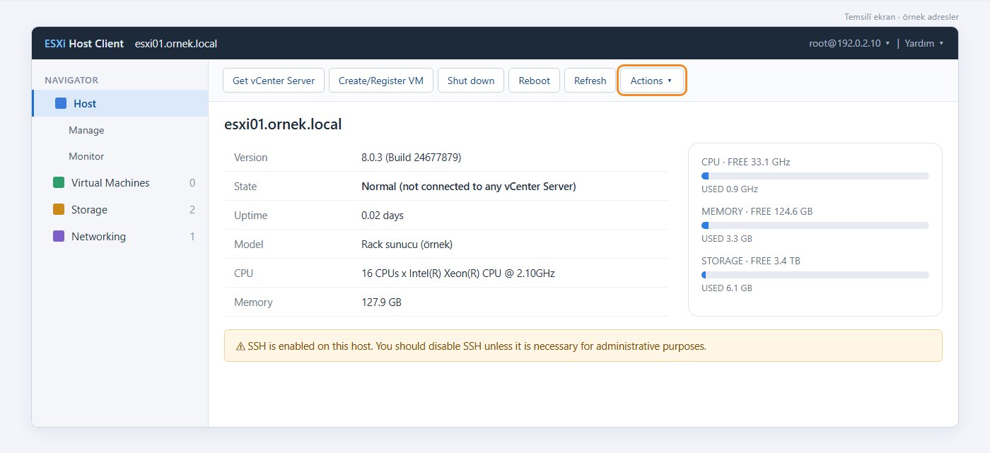 ESXi Host Client ana sayfası: sürüm 8.0.3, CPU, bellek ve depolama kullanımı