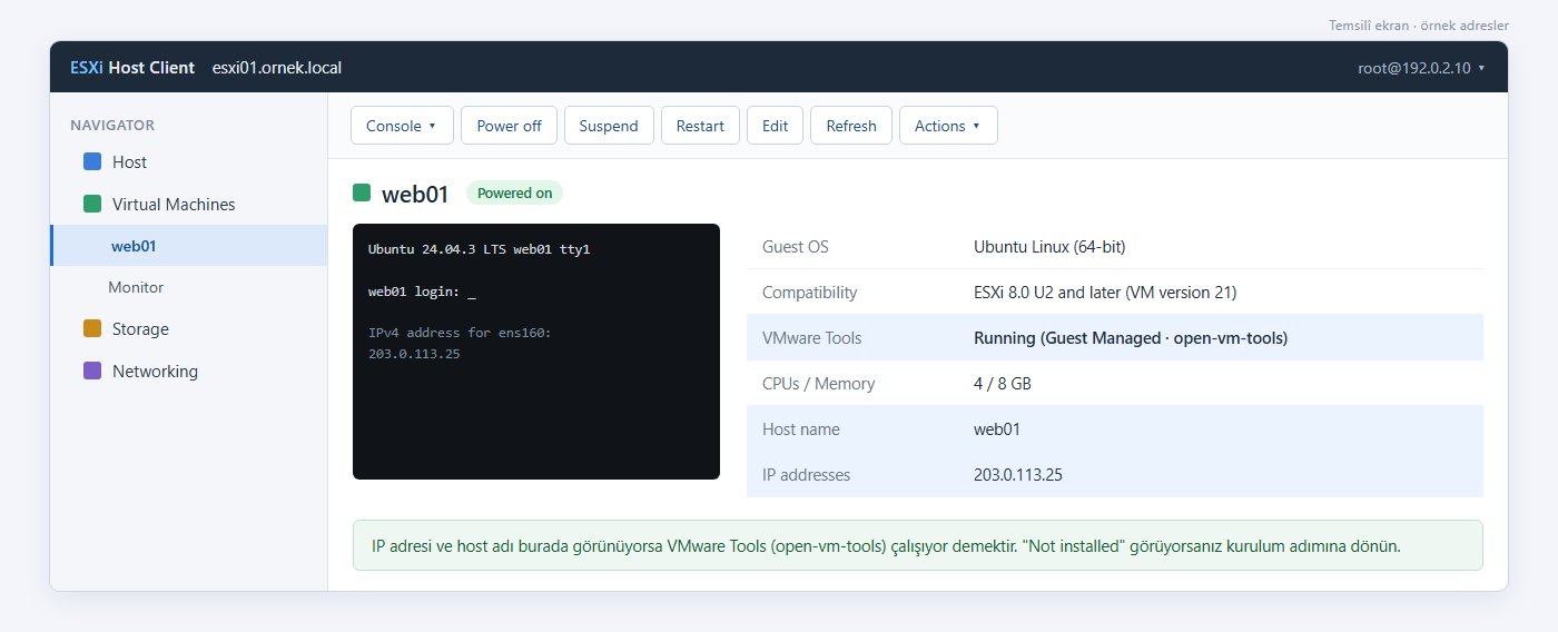 ESXi Host Client sanal makine özeti: VMware Tools çalışıyor, IP adresi ve host adı görünüyor