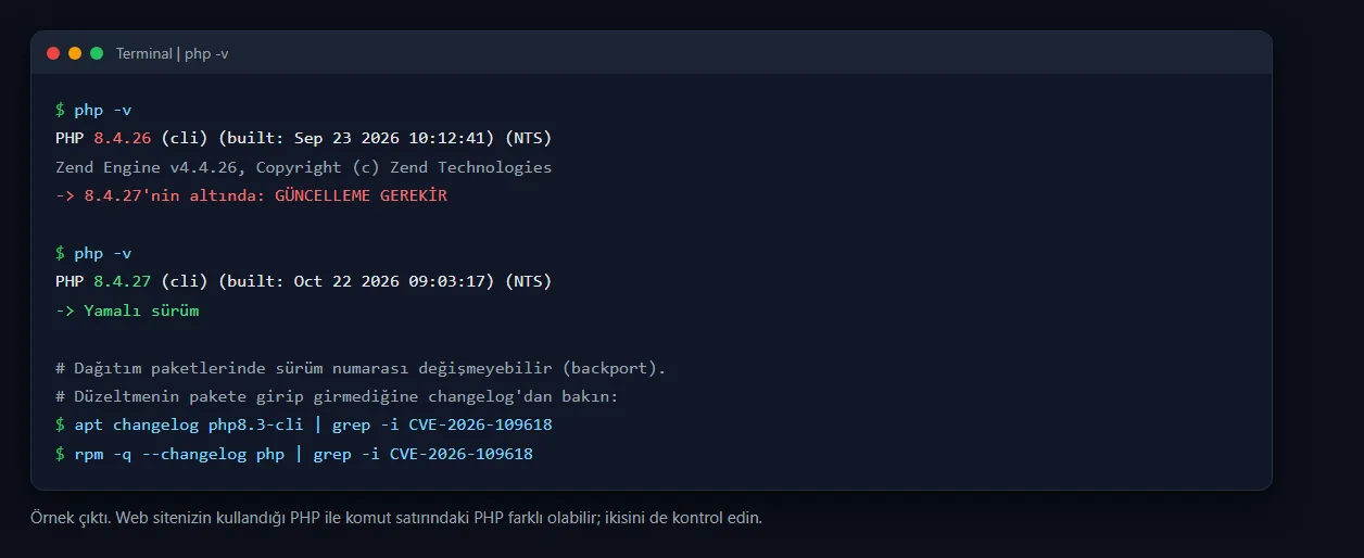 php -v çıktısı ile yamasız ve yamalı sürüm örneği