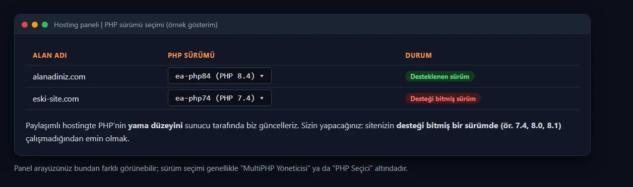 Hosting panelinde PHP sürümü seçimi (örnek gösterim)