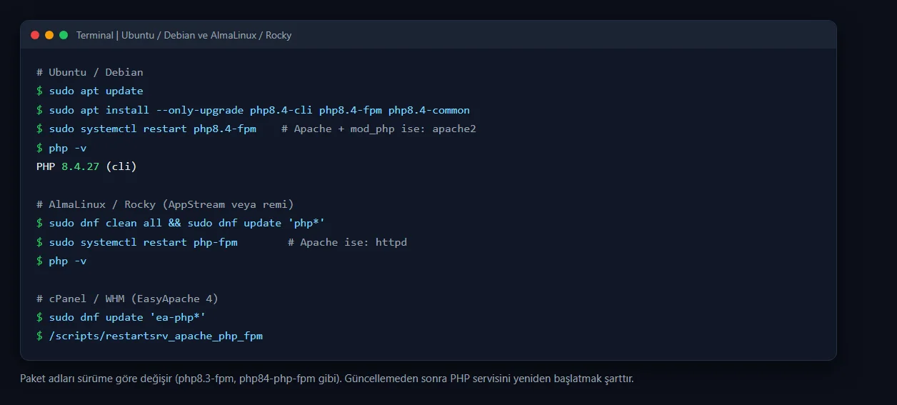 Linux sunucuda PHP güncelleme komutları