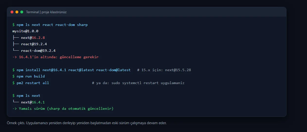 Next.js sürümünü kontrol etme, güncelleme, derleme ve yeniden başlatma