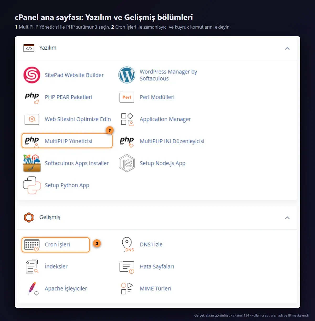 cPanel Yazılım ve Gelişmiş bölümleri: MultiPHP Yöneticisi ve Cron İşleri