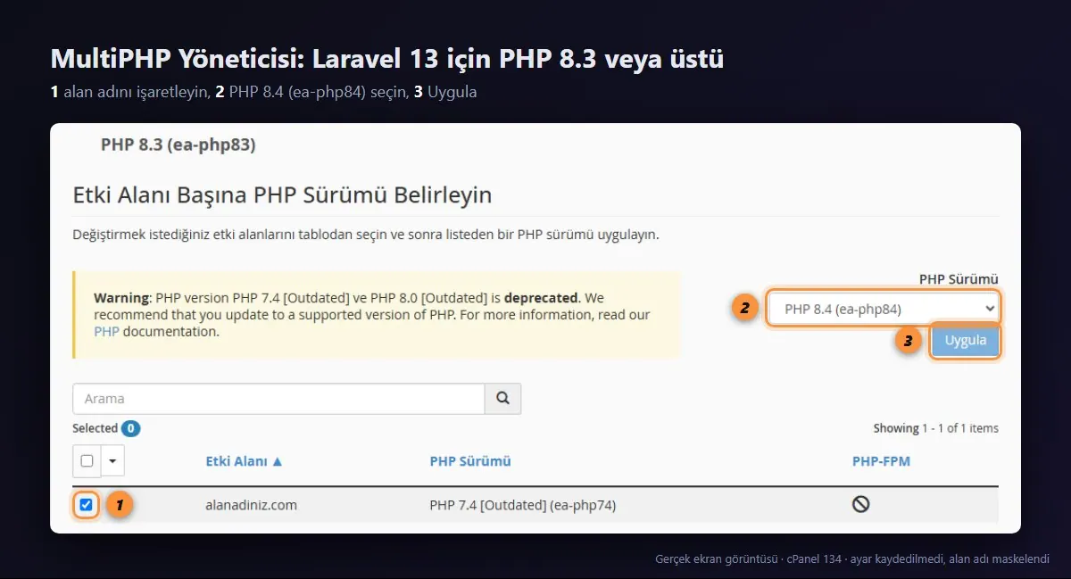 cPanel MultiPHP Yöneticisi: alan adı seçili ve PHP 8.4 (ea-php84) sürümü seçilmiş