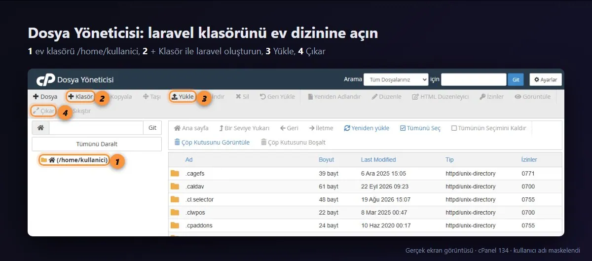 cPanel Dosya Yöneticisi: ev klasörü /home/kullanici, Klasör, Yükle ve Çıkar düğmeleri