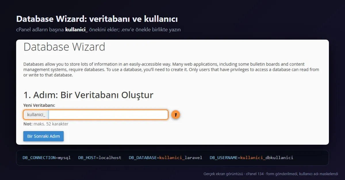 cPanel Database Wizard: yeni veritabanı adı ve cPanel'in eklediği kullanıcı adı öneki