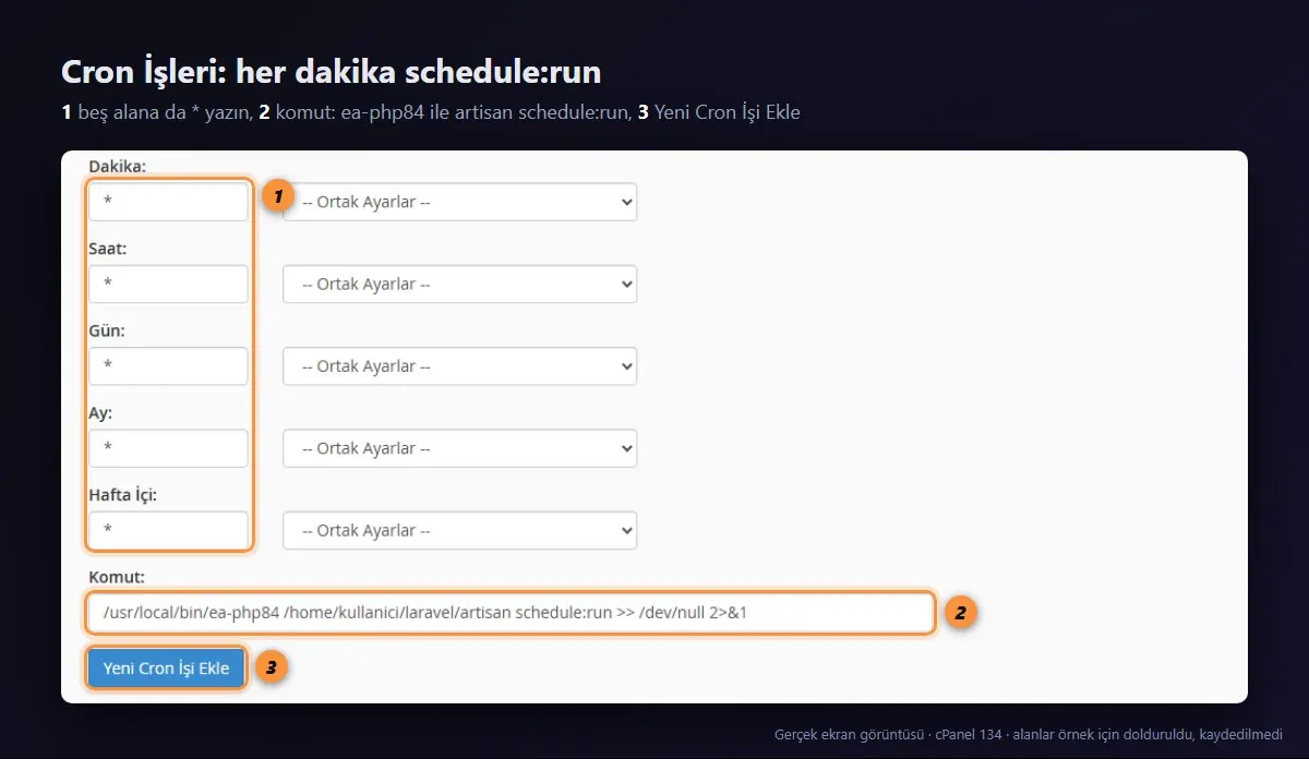 cPanel Cron İşleri: her dakika çalışan schedule:run komutu