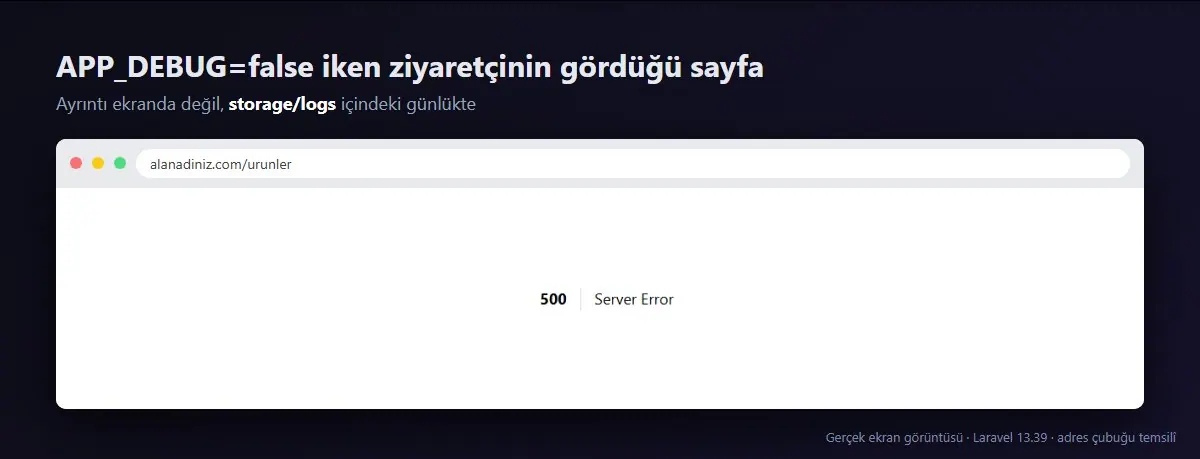 Laravel 500 Server Error sayfası: APP_DEBUG=false iken ziyaretçinin gördüğü ekran