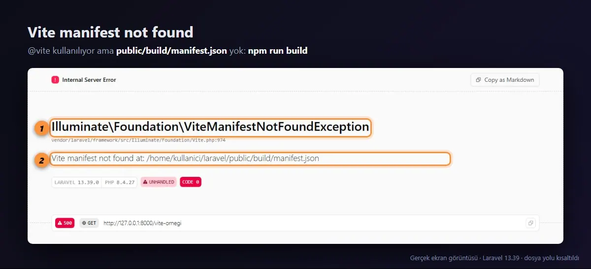 ViteManifestNotFoundException: public/build/manifest.json bulunamadı