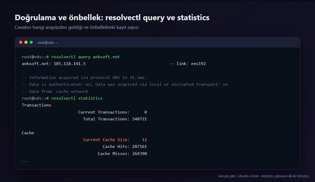 resolvectl query ve resolvectl statistics çıktısı: önbellek boyutu, isabet ve ıskalama sayıları