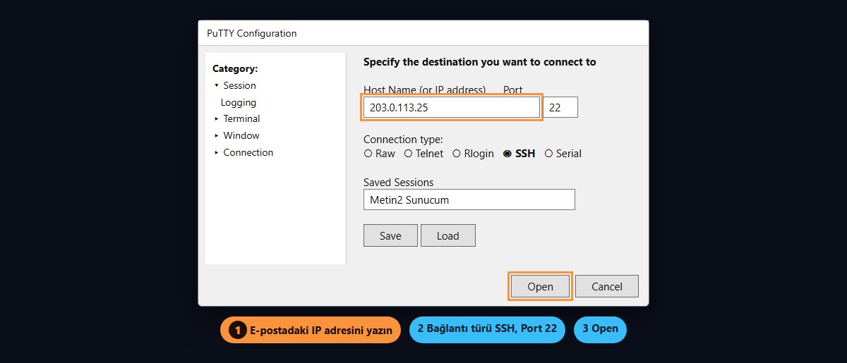 PuTTY bağlantı ekranı