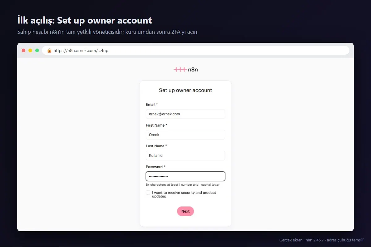 n8n Set up owner account ekranı: e-posta, ad, soyad ve şifre alanları