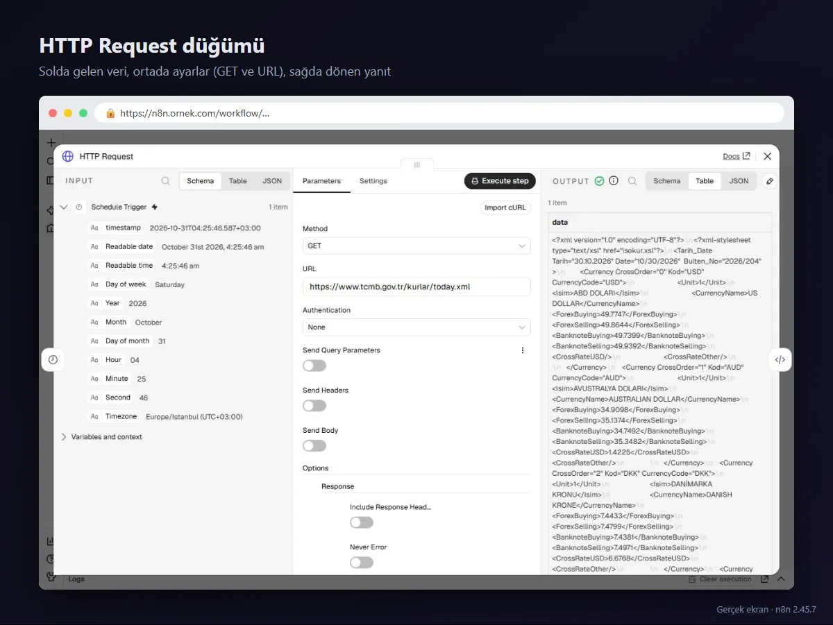 HTTP Request düğümü: GET isteği, TCMB kur dosyası adresi ve OUTPUT bölümünde gelen XML yanıtı