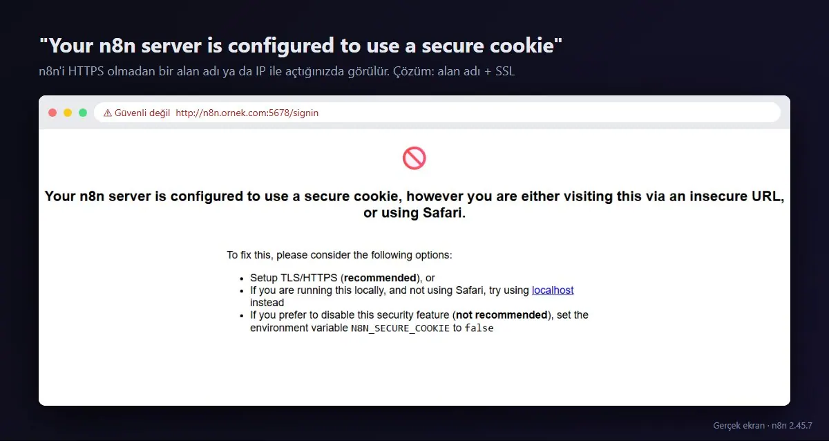 n8n secure cookie uyarısı: HTTPS olmadan IP adresiyle açıldığında görülen ekran