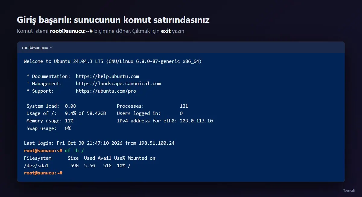 Başarılı SSH girişi sonrası Ubuntu 24.04 karşılama ekranı ve root@sunucu komut istemi (temsilî)