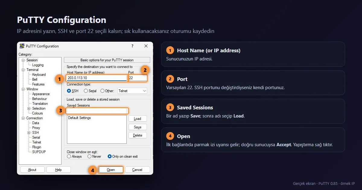 PuTTY Configuration penceresi: Host Name alanında 203.0.113.10, Port 22, Connection type SSH