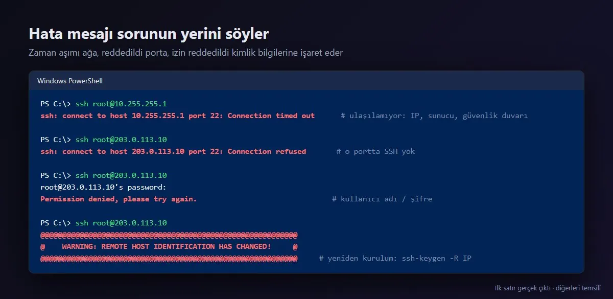 Sık SSH hata mesajları: Connection timed out, Connection refused, Permission denied ve REMOTE HOST IDENTIFICATION HAS CHANGED; zaman aşımı satırı gerçek çıktıdır