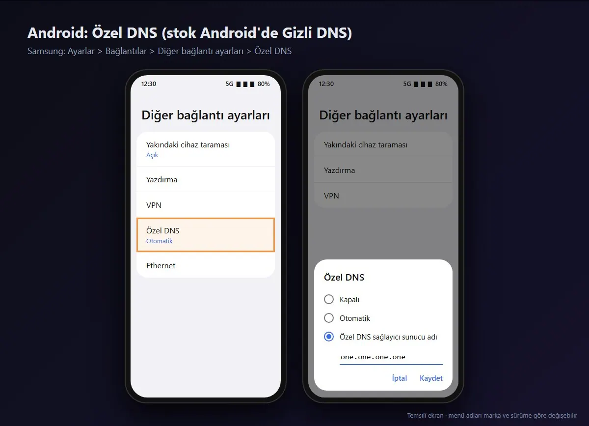 Android Özel DNS ekranı: Kapalı, Otomatik ve Özel DNS sağlayıcı sunucu adı seçenekleri