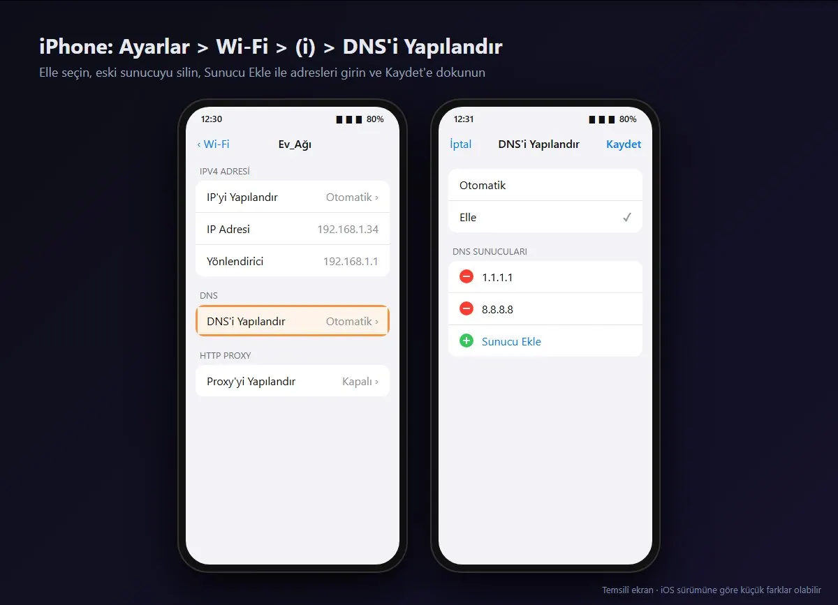 iPhone Wi‑Fi ağ ayrıntılarında DNS'i Yapılandır satırı ve Elle seçeneğiyle eklenen DNS sunucuları