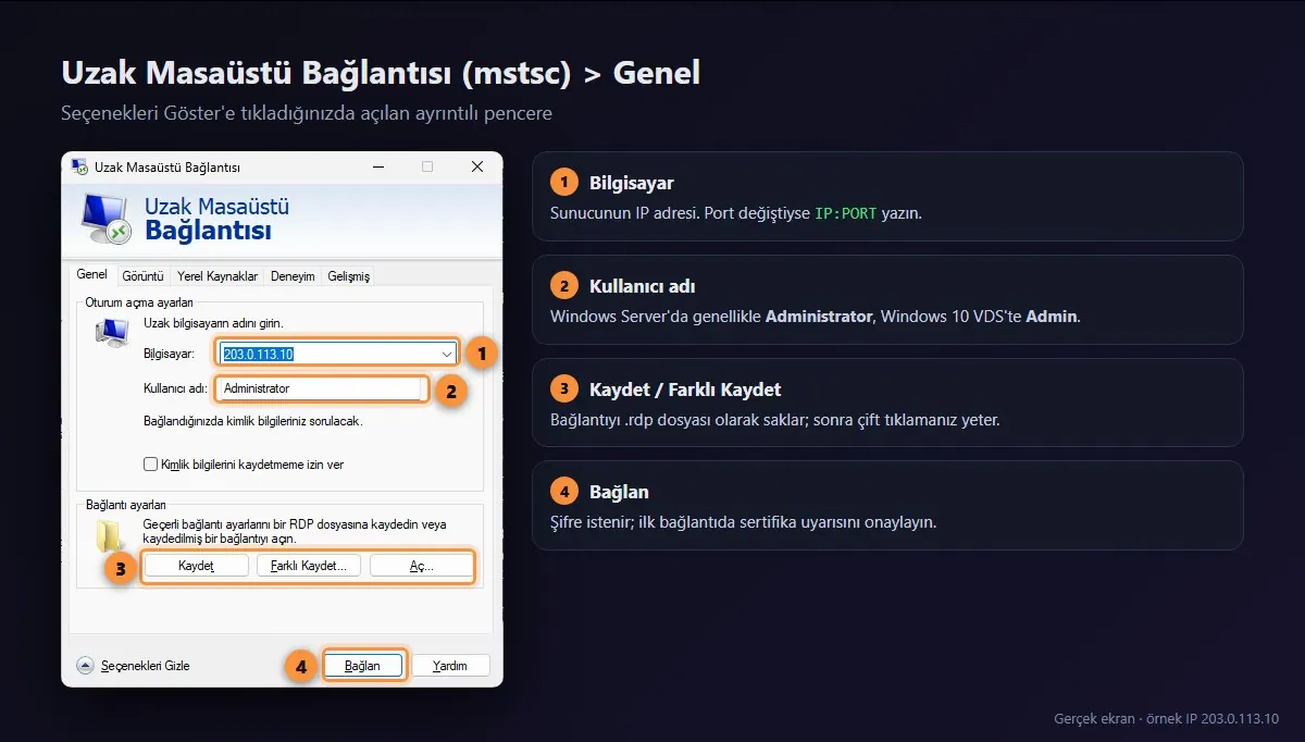 Uzak Masaüstü Bağlantısı, Genel sekmesi: Bilgisayar alanında 203.0.113.10, Kullanıcı adı alanında Administrator