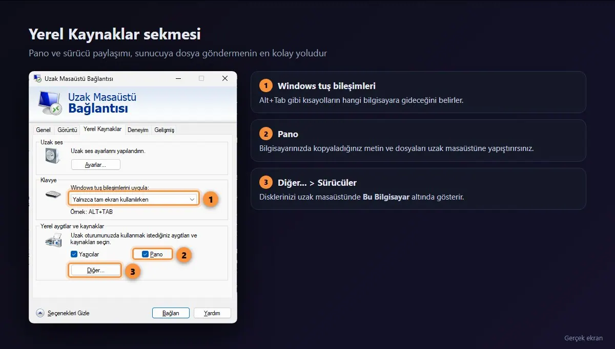 Uzak Masaüstü Bağlantısı, Yerel Kaynaklar sekmesi: uzak ses, klavye ayarı ve Yazıcılar ile Pano seçenekleri