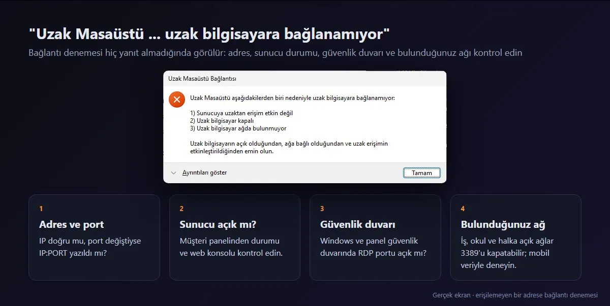 Uzak Masaüstü hata penceresi: sunucuya uzaktan erişim etkin değil, uzak bilgisayar kapalı ya da ağda bulunmuyor