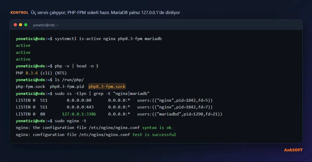 systemctl ile nginx, php8.3-fpm ve mariadb servislerinin çalıştığını doğrulama ve nginx -t çıktısı