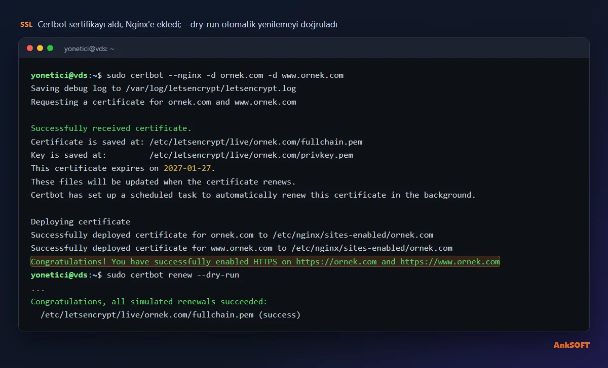 certbot --nginx çıktısı: sertifika alındı ve ornek.com için HTTPS etkinleştirildi