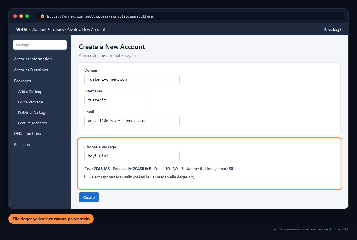 WHM Create a New Account paket seçimi