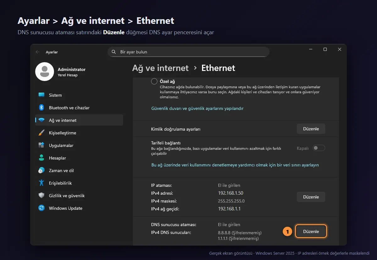 Windows 11 Ayarlar, Ağ ve internet, Ethernet sayfasında DNS sunucusu ataması ve Düzenle düğmesi